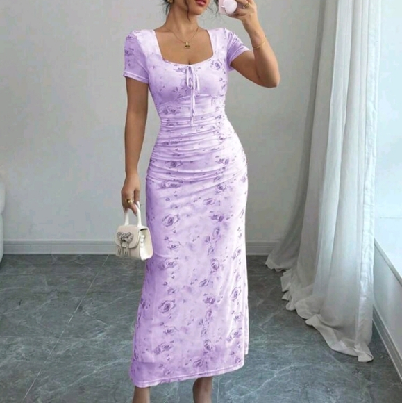 Women's Elegant Romantic Sexy Floral Print Mesh V-Neck Bow-Tied Ruched - Picture 1 of 4